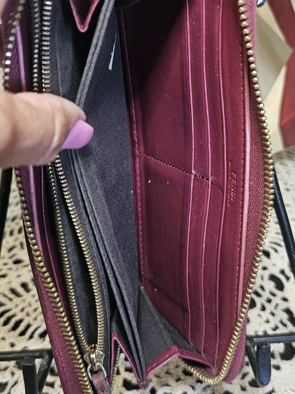 Fendi Striped Canvas Zip-Around Wallet with Burgundy Leather Trim - Picture 8 of 10